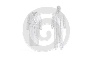 Blank white hotel bathrobe and plush jumpsuit mockup, isolated