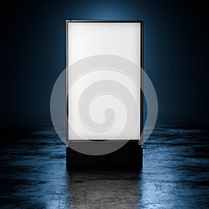 Blank White Illuminated Outdoor Banner Stand At Dark Ambience. Empty Space. Copy Space. 3d rendering.