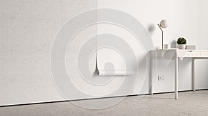 Blank white interior wallpaper twisted mockup on wall, side view