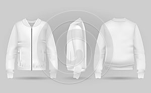 Blank white jacket bomber in front, back and side views. Vector illustration. Realistic bomber for urban style