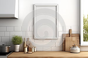 Blank white kitchen countertop photo frame mockup with kitchen accessories on white tile background. AI generated