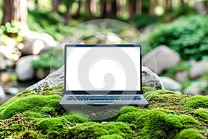 Blank white laptop monitor on forest moss. Product presentation