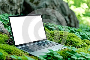 Blank white laptop monitor on forest moss. Product presentation and advertisement concept.