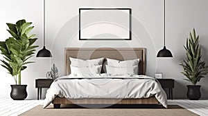 Blank white large photo poster frame with black edge in modern, luxury beige brown bedroom, wood head board bed, gray blanket,