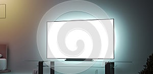 Blank white large tv screen interior in darkness mockup photo