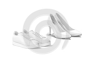 Blank white leather sneakers and high heels shoes mockup, isolated