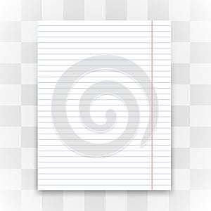 Blank white lined paper on transparent background.