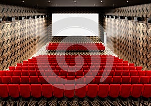 Blank white luminous cinema movie theatre screen with realistic red rows of seats and chairs with empty copy space background.