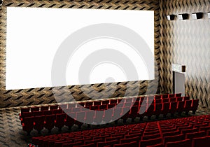 Blank white luminous cinema movie theatre screen with realistic red rows of seats and chairs with empty copy space background.