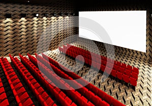 Blank white luminous cinema movie theatre screen with realistic red rows of seats and chairs with empty copy space background.