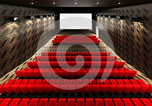 Blank white luminous cinema movie theatre screen with realistic red rows of seats and chairs with empty copy space background.