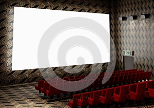 Blank white luminous cinema movie theatre screen with realistic red rows of seats and chairs with empty copy space background.