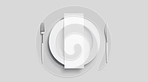 Blank white menu mockup on plate with cutlery, top view