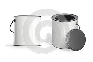 Blank white metal paint can mockup isolated over white background. Open paint can.