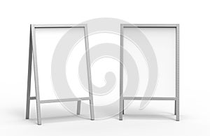 Blank white metallic outdoor advertising stand mockup set, , 3d rendering. Clear street signage board mock up. A-board