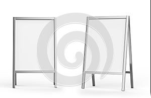 Blank white metallic outdoor advertising stand mockup set, , 3d rendering. Clear street signage board mock up. A-board