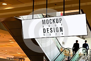 Blank white mock up Banner Panorama screen light box with business background. Advertising banner media display backdrop mockup photo