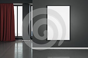 Blank white mock up poster on dark wall in modern living room with wooden floor and red curtain