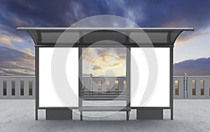 Blank white mock up of vertical billboard in a bus stop