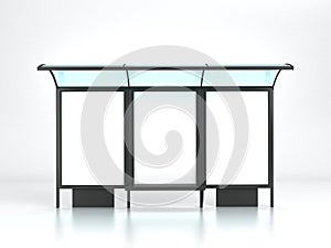 Blank white mock up of vertical billboard in a bus stop. 3d render mockup