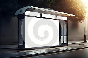 Blank white mock up of vertical light box in a bus stop at night