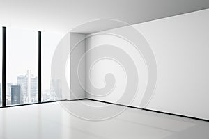 Blank white mock up wall in empty modern office hall with big window and city view