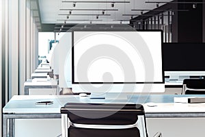 Blank white monitor, keyboard and computer mouse at desk. 3d rendering.