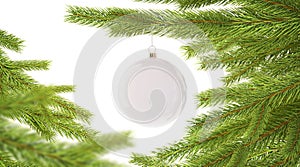 Blank white new year ball hanging on christmas tree mockup