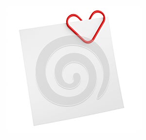 Blank white note paper and red heart shape paper clip isolated o