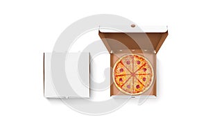 Blank white opened and closed pizza box mockup set