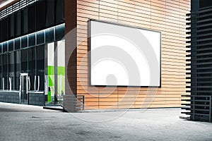 Blank white outdoor banner at bright modern building wall, 3d rendering.