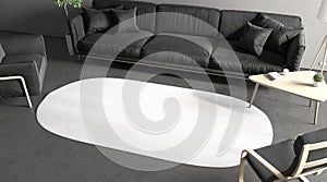 Blank white oval interior carpet in room mockup, side view