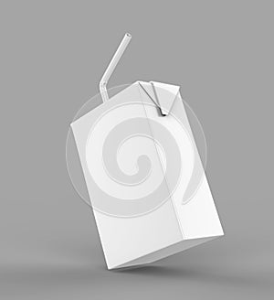 Blank White Packet Carton Juice & milk pack with straw White Realistic Rendering for mock up template design. 3D Illustratio