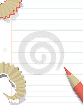 Blank white paper background with pink pencil and pencil shaving in flat design. Vector.