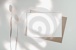 Blank white paper on brown paper envelope with Rabbit tail dry flower and sunlight. Mock-up of horizontal blank greeting card. Top