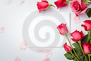Blank white paper card decorate with rose, on white background, valentine\'s day concept, generative AI