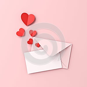 Blank white paper card on pink envelope and red origami hearts on pink pastel color background