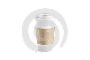 Blank white paper cup with craft sleeve holder mockup photo