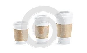 Blank white paper cup with craft sleeve holder mockup set