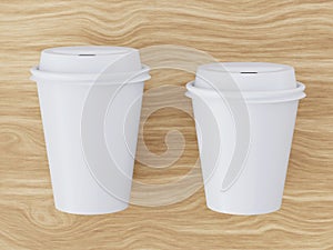 Blank white paper cups with caps on a wooden table, 3D rendering