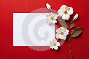 blank white paper with flower on red background, copy space Card for Mothers day, 8 March, Happy Easter. Waiting for spring