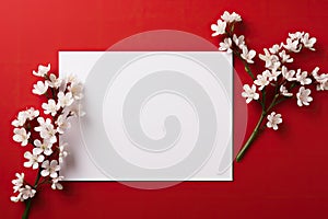 blank white paper with flower on red background, copy space Card for Mothers day, 8 March, Happy Easter. Waiting for spring