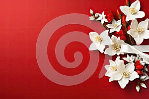 blank white paper with flower on red background, copy space Card for Mothers day, 8 March, Happy Easter. Waiting for spring