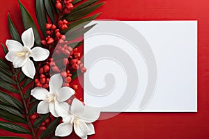 blank white paper with flower on red background, copy space Card for Mothers day, 8 March, Happy Easter. Waiting for spring