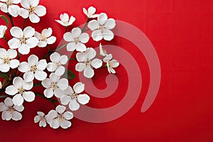 blank white paper with flower on red background, copy space Card for Mothers day, 8 March, Happy Easter. Waiting for spring