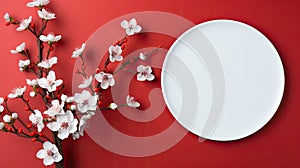 blank white paper with flower on red background, copy space Card for Mothers day, 8 March, Happy Easter. Waiting for spring