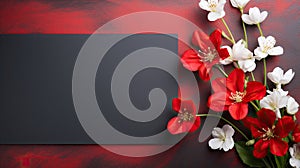 blank white paper with flower on red background, copy space Card for Mothers day, 8 March, Happy Easter. Waiting for spring