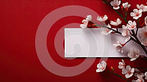 blank white paper with flower on red background, copy space Card for Mothers day, 8 March, Happy Easter. Waiting for spring