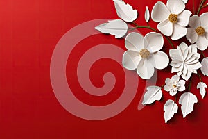 blank white paper with flower on red background, copy space Card for Mothers day, 8 March, Happy Easter. Waiting for spring