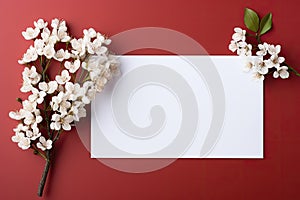 blank white paper with flower on red background, copy space Card for Mothers day, 8 March, Happy Easter. Waiting for spring